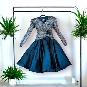 Metallic Silver Wrap Top with Navy Full Skirt Prom Dress